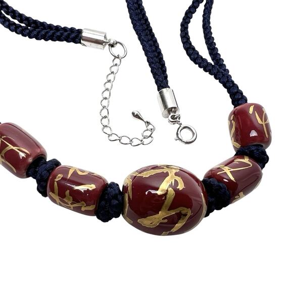 Necklace Ceramic Beads Hand Knotted Purple Gold Accents Braided Double Cord Navy - Picture 12 of 13